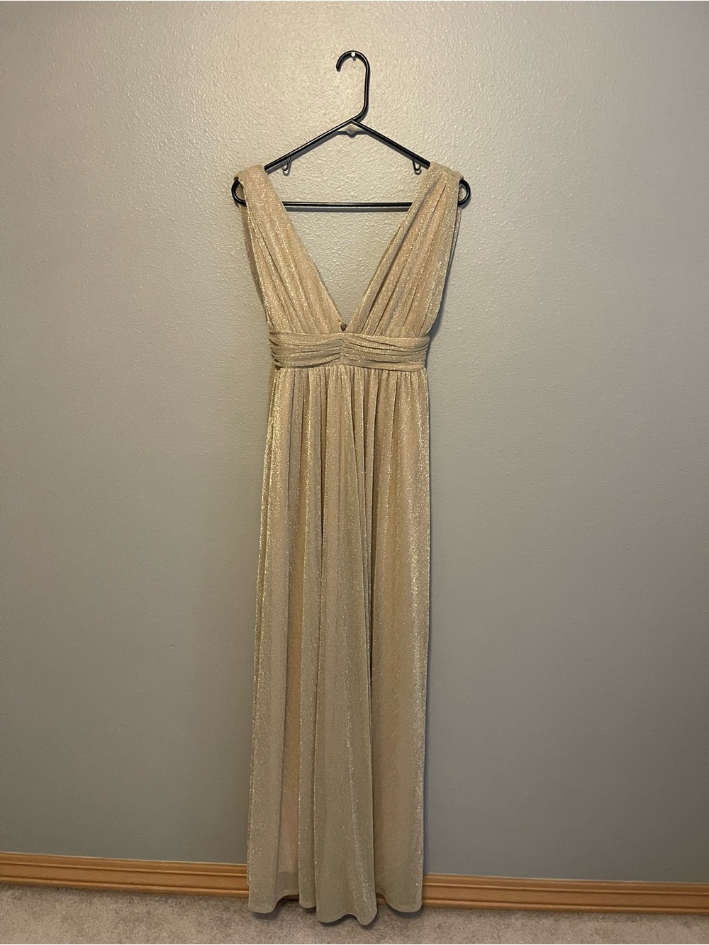 Lulu's Gold Shimmery Deep V Maxi Dress